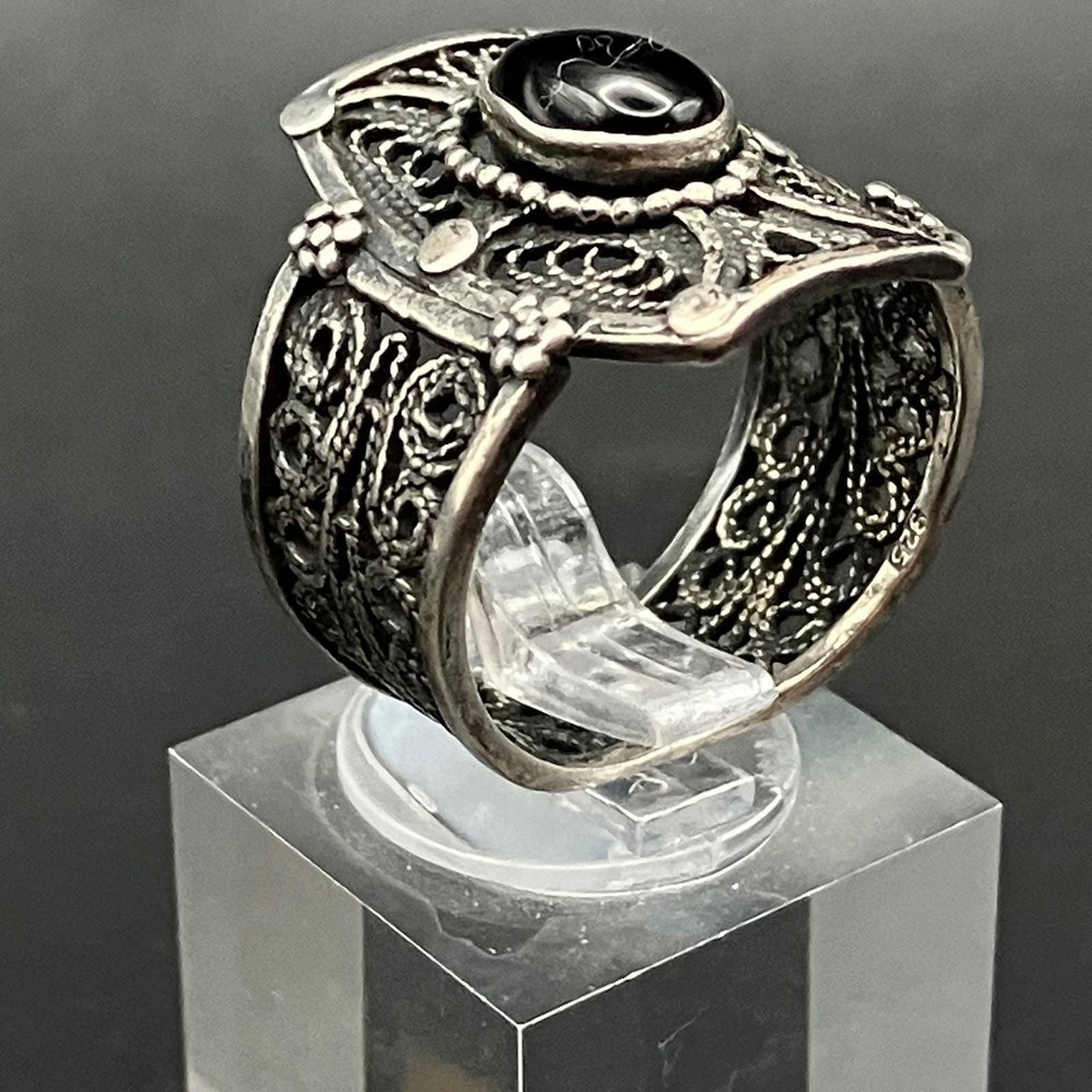 Sterling Silver Filigree Statement Ring Black Cabochon Cannetille Size 9 - Picture 3 of 9